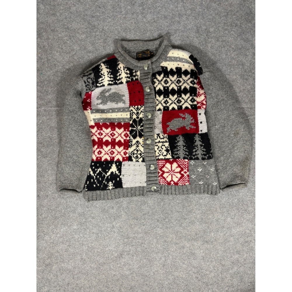 Eddie Bauer Vintage Wool Cardigan Sweater Womens Small Grey Patchwork Rabbit